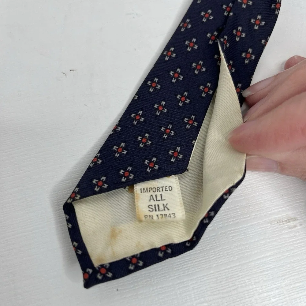 Vintage 60s Savile Row Silk Tie Slim  Navy Geometric Preppy Classic Business